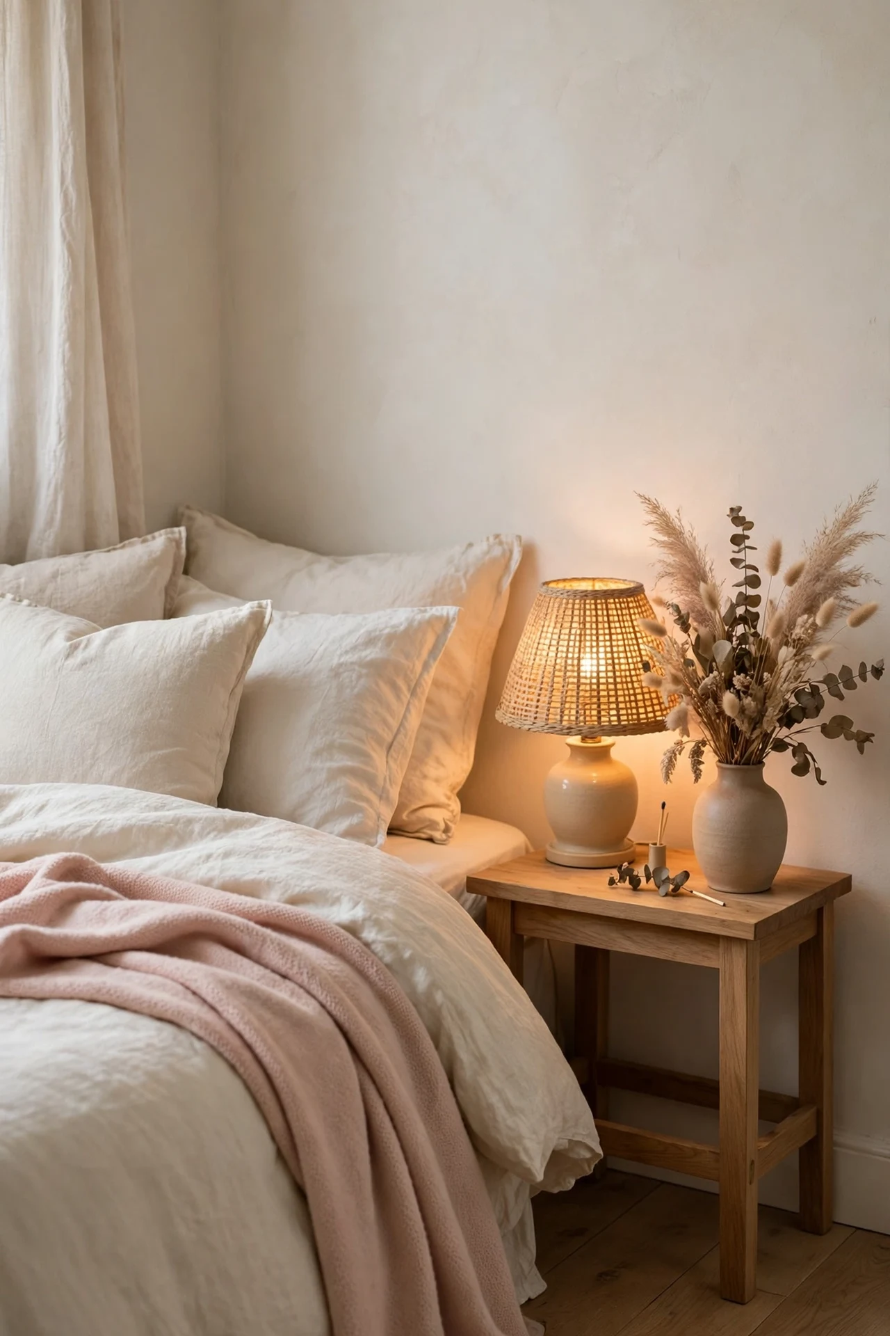 Calm bedroom corner with cream bedding and warm lamp light