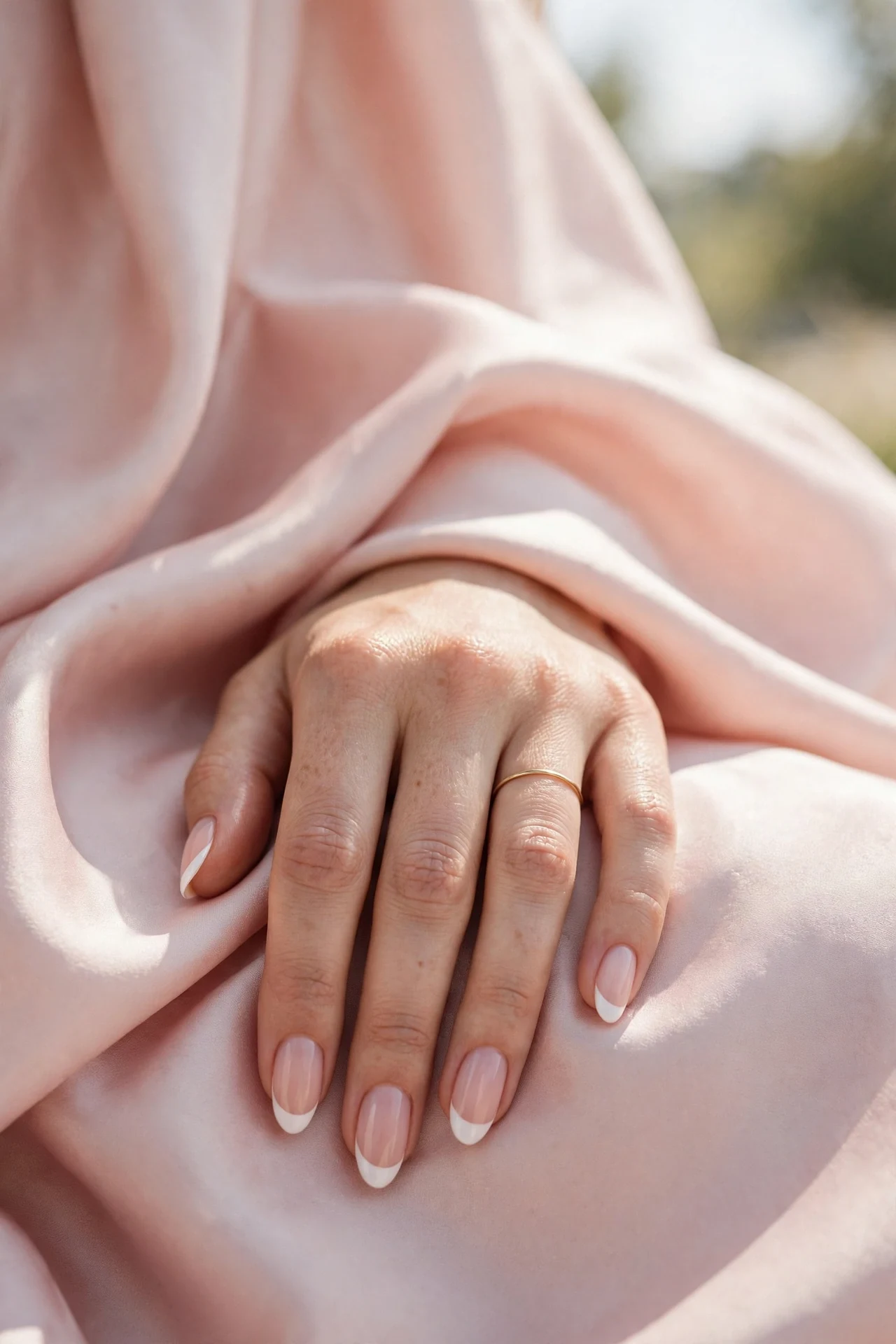 Classic French manicure with white tips on almond nails