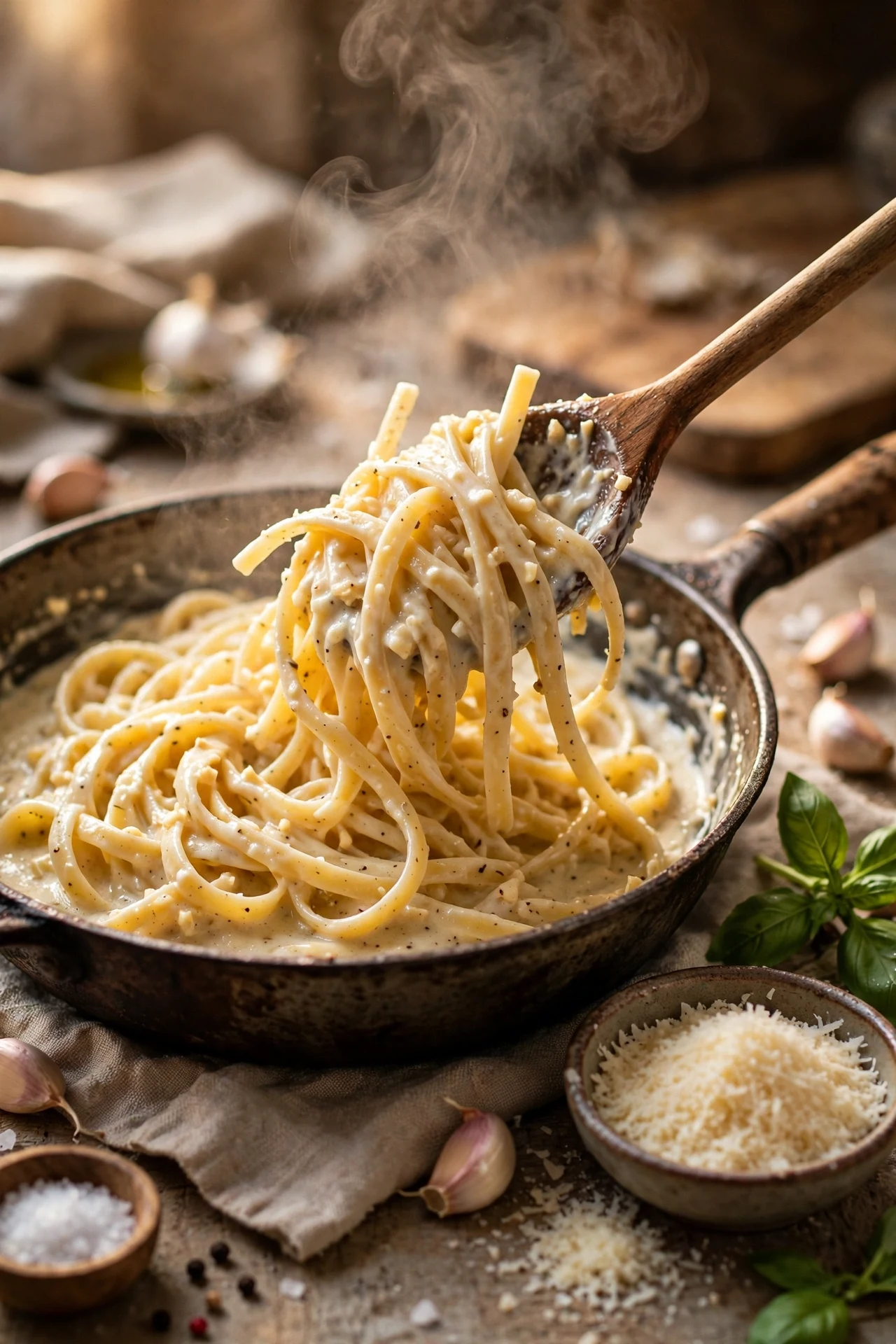 Creamy garlic pasta being tossed in a pan with a wooden spoon