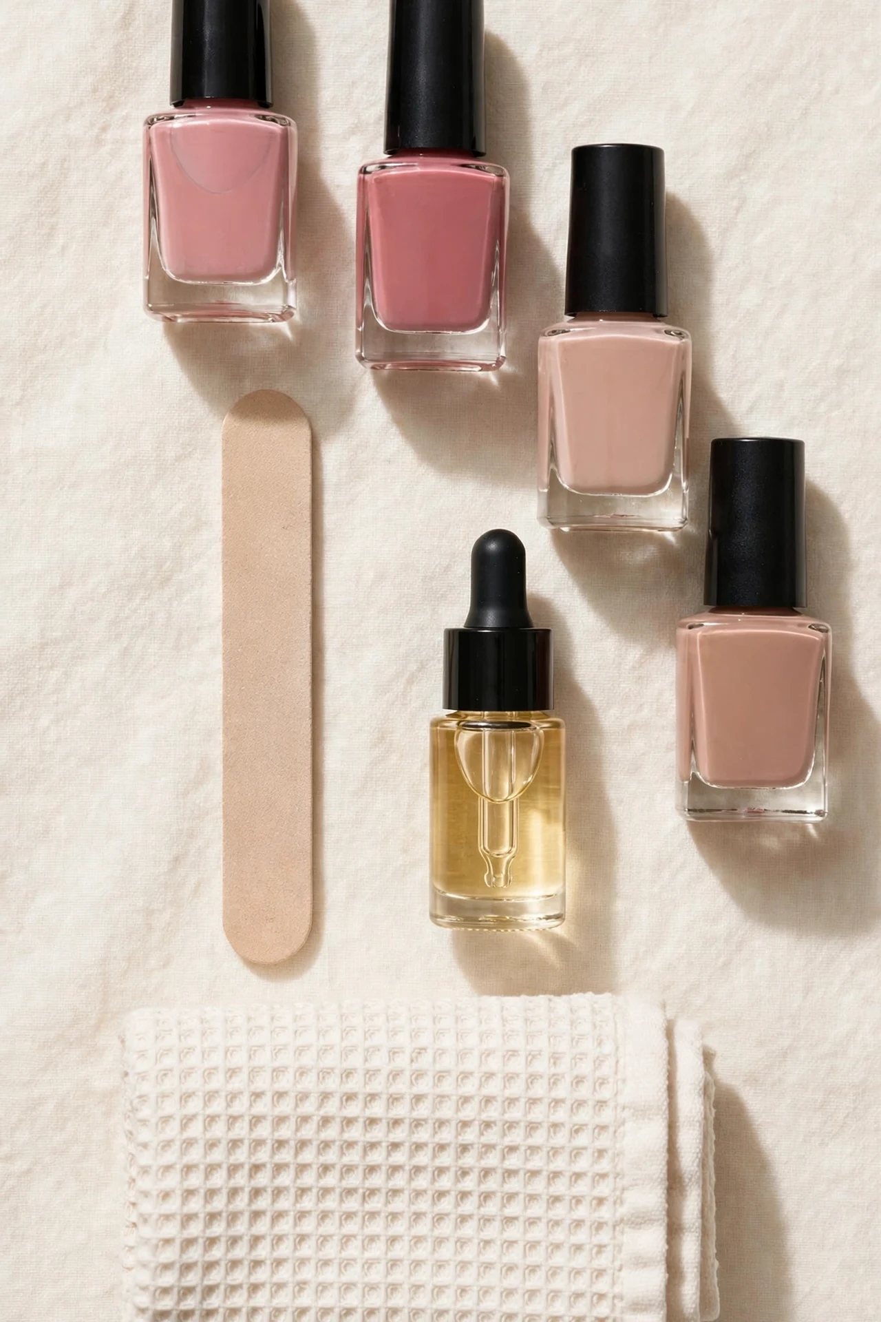 Rose and nude nail polish bottles arranged for an at-home manicure