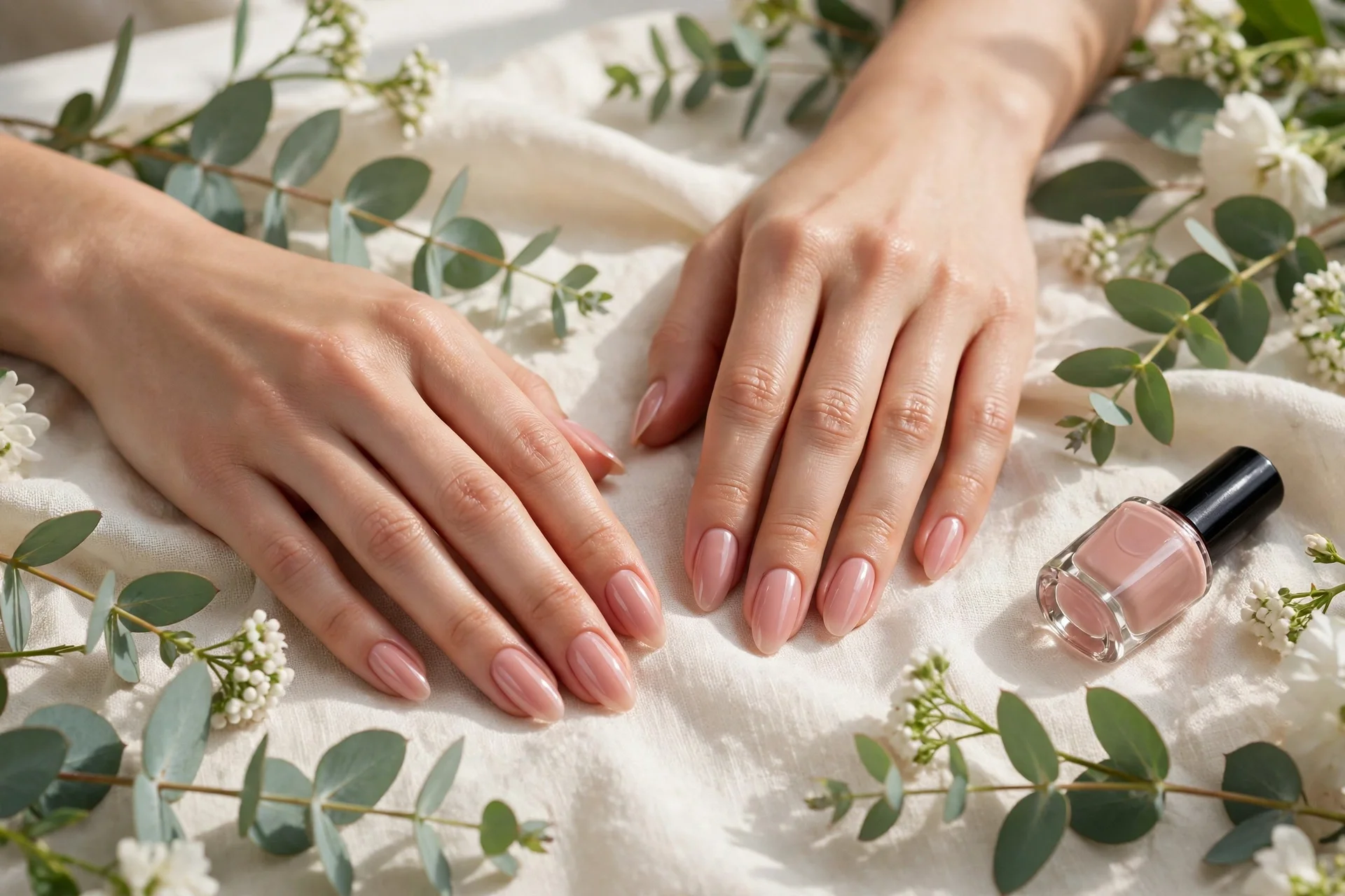 Healthy glossy nails with neat cuticles in natural light