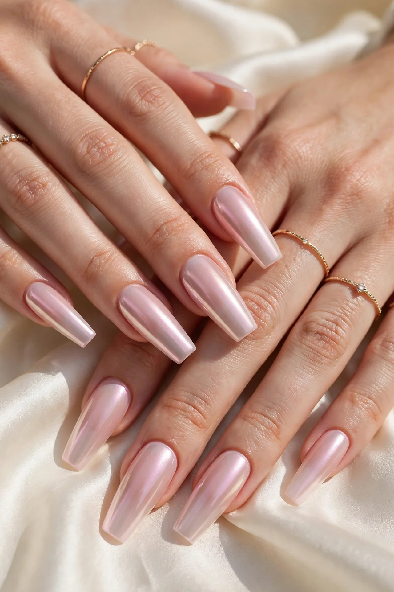 Long glossy coffin acrylic nails in milky pink chrome