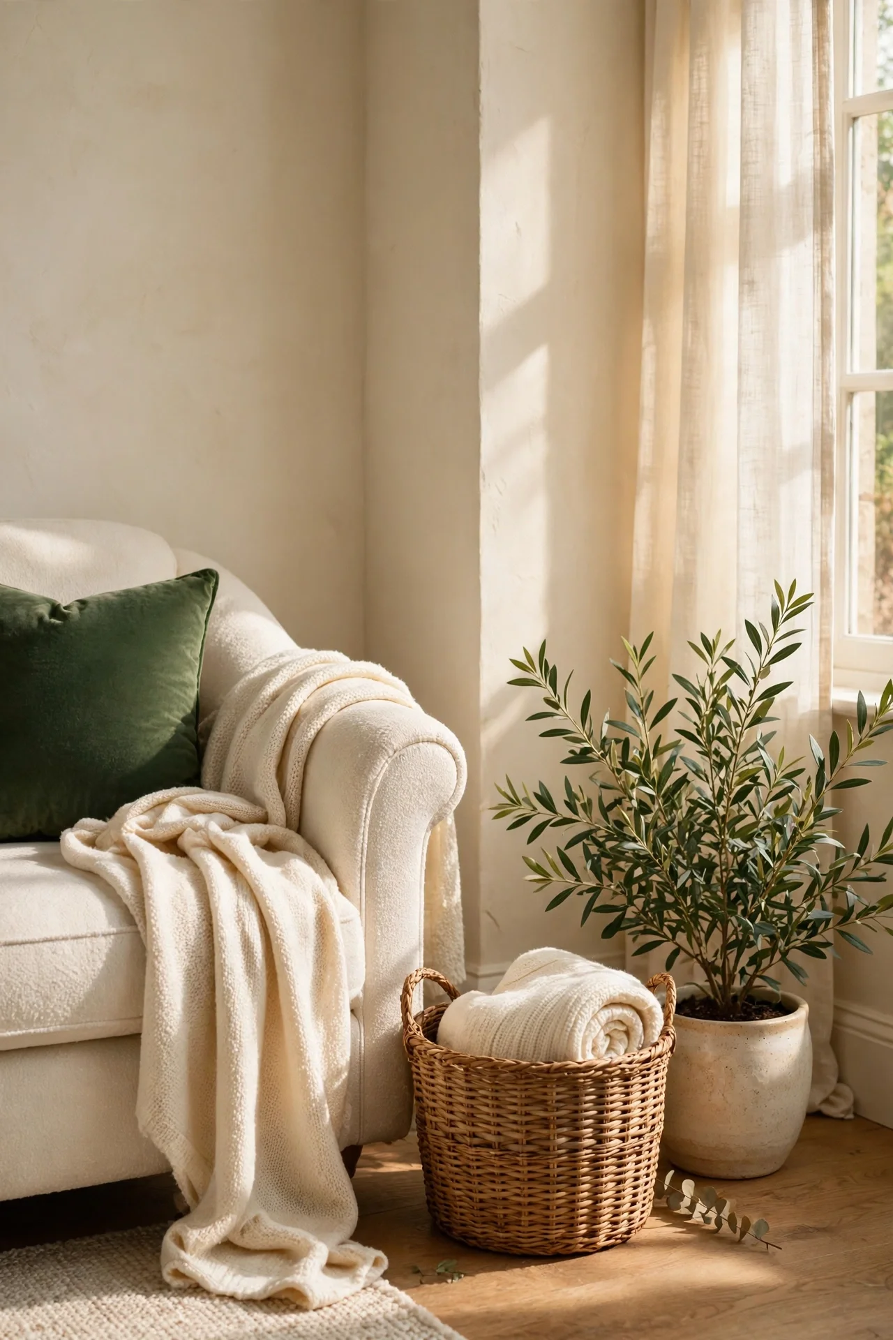 Cozy home decor corner with cream armchair and green cushion