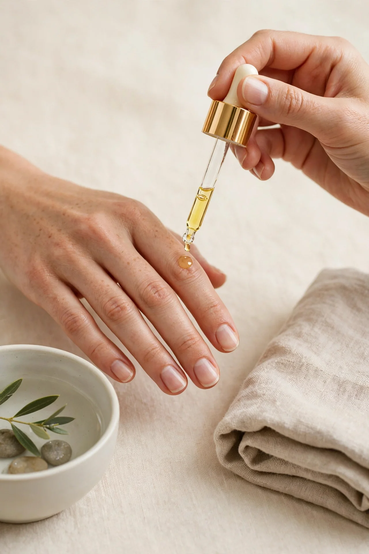Applying golden cuticle oil to natural healthy nails