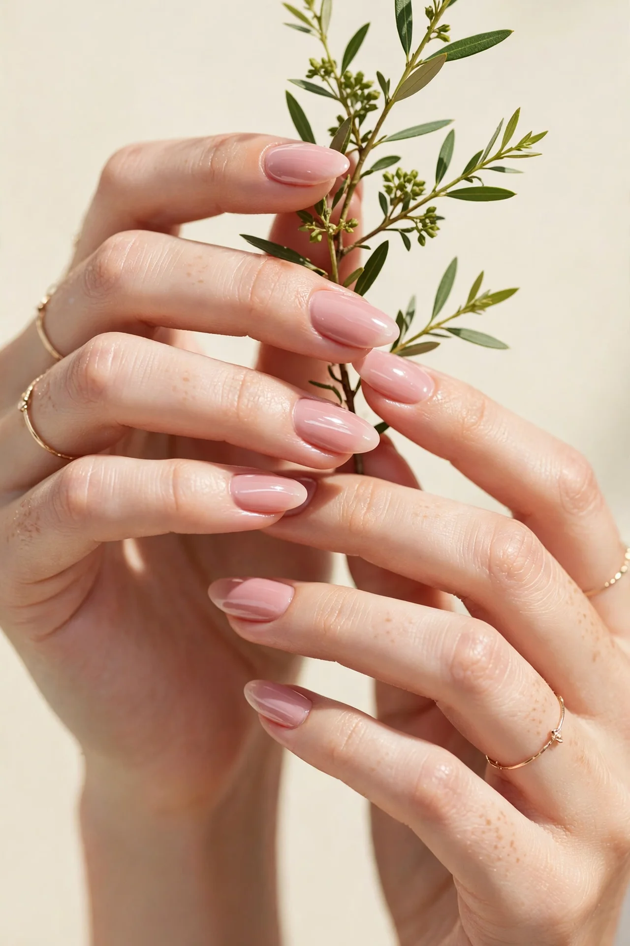 Glossy soft pink almond manicure holding a green branch