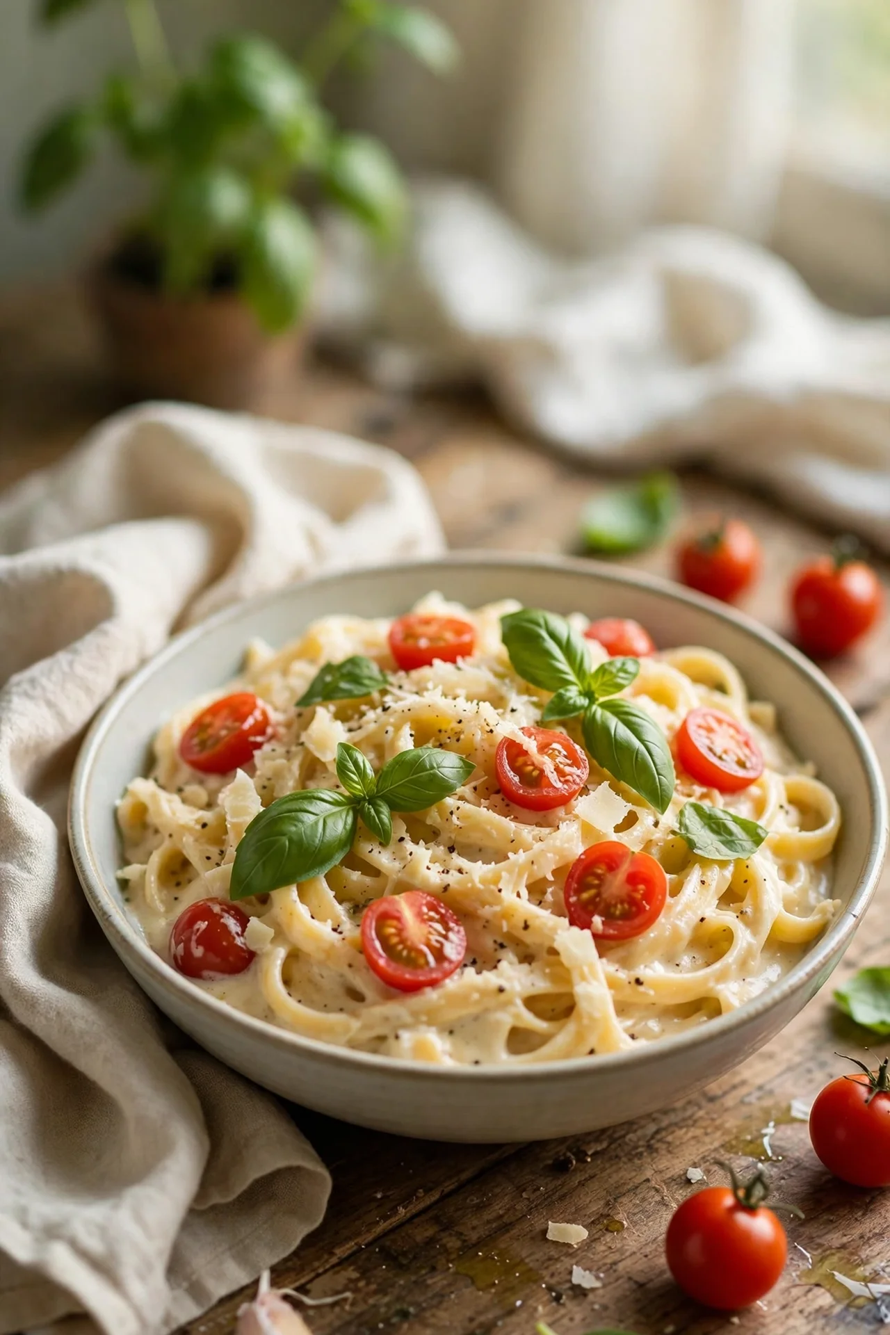 Homemade creamy pasta bowl with basil and cherry tomatoes