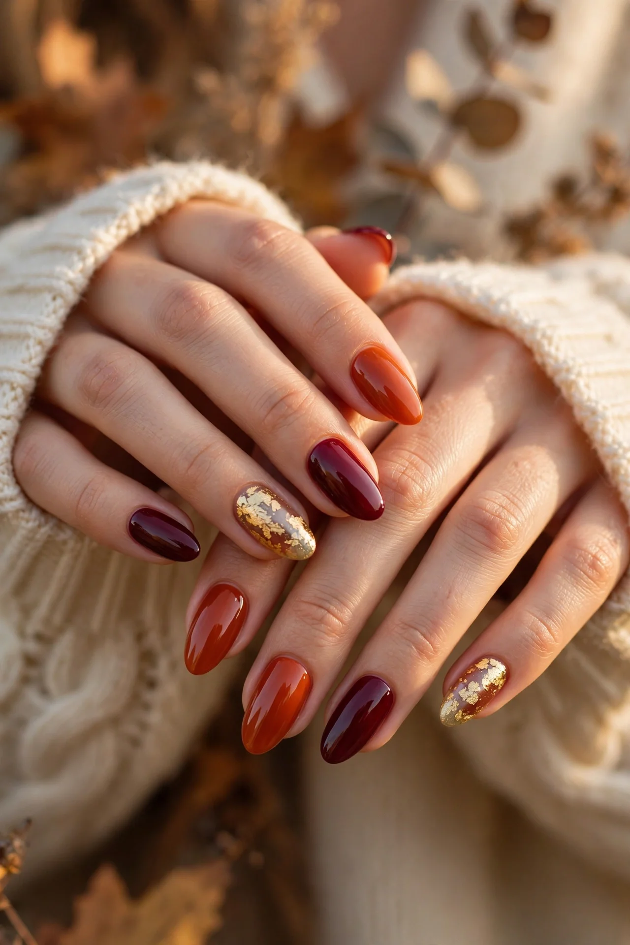 Autumn seasonal nails in burgundy and burnt orange with gold leaf accent